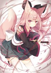 Rule 34 | 1girl, animal ear fluff, animal ears, back bow, black bow, black footwear, black kimono, black skirt, blush, bow, closed mouth, commentary request, fighting stance, floating hair, fox ears, fox girl, fox tail, hair bow, hair ornament, hairclip, highres, hoshi (snacherubi), japanese clothes, katana, kimono, long hair, long sleeves, looking at viewer, obi, original, pink hair, pleated skirt, ready to draw, red eyes, sash, shoes, skirt, solo, standing, standing on one leg, sword, tail, tail raised, thighhighs, v-shaped eyebrows, very long hair, weapon, white bow, white thighhighs, wide sleeves