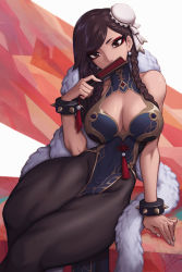 Rule 34 | 1girl, bracelet, braid, breasts, brown eyes, bun cover, capcom, chun-li, cleavage, earrings, eyebrows, eyelashes, eyeliner, fingernails, folded fan, folding fan, hair bun, hand fan, highres, jewelry, large breasts, liyart, long hair, looking at viewer, makeup, muscular, muscular female, official alternate costume, pantyhose, pelvic curtain, simple background, single hair bun, solo, spiked bracelet, spikes, street fighter, thick thighs, thighs