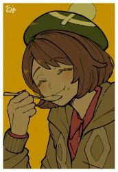 Rule 34 | 1girl, :t, blush, bob cut, border, brown hair, cable knit, cardigan, closed eyes, closed mouth, collared dress, commentary request, creatures (company), dress, eating, food, food on face, game freak, gloria (pokemon), green headwear, grey cardigan, happy, hat, holding, holding spoon, hooded cardigan, nintendo, omyo (myomyomyo22), orange background, pink dress, pokemon, pokemon swsh, rice, rice on face, short hair, signature, smile, spoon, tam o&#039; shanter, upper body, white border