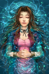 Rule 34 | 1990s (style), 1girl, aerith gainsborough, artist name, bracelet, brown hair, closed eyes, cropped jacket, final fantasy, final fantasy vii, forgotten city, gradient background, highres, jewelry, nijuuni, own hands together, partially submerged, realistic, retro artstyle, ribbon, smile, solo, upper body, water, watermark, web address, wet, wet hair