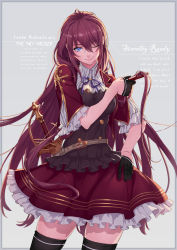 Rule 34 | 1girl, belt, black thighhighs, blue eyes, character name, english text, glasses, gloves, hand on own hip, highres, holding, leona ardealescu, long hair, one eye closed, original, pixiv fantasia, pixiv fantasia fallen kings, red hair, ribbon, ryuuzaki ichi, skirt, smile, solo, sparkle, sword, thighhighs, very long hair, weapon, wink, zettai ryouiki