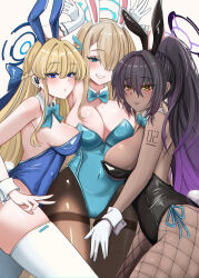 Rule 34 | 3girls, absurdres, animal ears, asuna (blue archive), asuna (bunny) (blue archive), black hair, black leotard, blonde hair, blue archive, blue eyes, blue leotard, bow, breasts, curvy, dark-skinned female, dark skin, detached collar, fake animal ears, fishnet pantyhose, fishnets, gloves, hair over one eye, halo, high ponytail, highleg, highleg leotard, highres, karin (blue archive), karin (bunny) (blue archive), large breasts, leotard, long hair, looking at viewer, michill 1121, multiple girls, official alternate costume, pantyhose, playboy bunny, rabbit ears, rabbit pose, revision, shiny clothes, shiny skin, smile, strapless, strapless leotard, thigh gap, thighband pantyhose, thighhighs, toki (blue archive), toki (bunny) (blue archive), v, very long hair, white gloves, white thighhighs, wide hips, wrist cuffs, yellow eyes