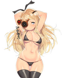 Rule 34 | 1girl, arms up, bikini, black bikini, black thighhighs, blonde hair, blue eyes, blush, breasts, cameltoe, cleavage, cowboy shot, eyepatch, female focus, hip focus, large breasts, little noah, long hair, looking at viewer, navel, noah (little noah), shiny clothes, shiny skin, simple background, solo, string bikini, sweatdrop, swimsuit, tenchisouha, thigh gap, thighhighs, translation request, white background