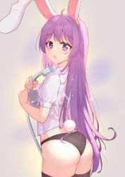 Rule 34 | 1girl, :o, absurdres, ahoge, animal ears, ass, black bra, black panties, black thighhighs, bra, diving penguin, grey background, highres, holding, hose, long hair, looking at viewer, looking back, no pants, panties, puffy short sleeves, puffy sleeves, purple eyes, purple hair, rabbit ears, rabbit girl, rabbit tail, reisen udongein inaba, see-through, shirt, short sleeves, simple background, smile, solo, tail, thighhighs, touhou, underwear, water, wet, wet clothes, wet shirt