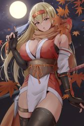 Rule 34 | absurdres, amayo thranana, black footwear, blonde hair, boots, breasts, brown scarf, cleavage, commission, commissioner upload, dress, elbow gloves, fire emblem, fire emblem: the binding blade, fire emblem heroes, foliage, forehead protector, full moon, gloves, highres, igrene (fire emblem), knife belt, kunai, large breasts, leaf, long hair, mole, mole under eye, moon, night, nintendo, non-web source, official alternate costume, red dress, scarf, short dress, skeb commission, thigh boots, thighhighs, thighs, weapon, yellow eyes
