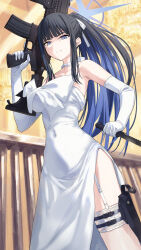 Rule 34 | 1girl, bare shoulders, black hair, blue archive, blue eyes, breasts, choker, collarbone, combat knife, commentary, covered navel, dress, elbow gloves, garter straps, gloves, gun, halo, highres, holster, kamo ashi, knife, large breasts, long hair, looking at viewer, ponytail, saori (blue archive), side slit, solo, thighs, weapon, white dress, white gloves
