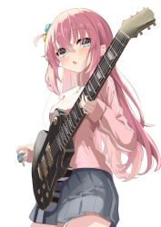 Rule 34 | 1girl, absurdres, blue eyes, blush, bocchi the rock!, breasts, chun jiang, commentary request, cowboy shot, cube hair ornament, electric guitar, gotoh hitori, grey skirt, guitar, hair ornament, highres, holding, holding instrument, holding plectrum, instrument, jacket, long hair, long sleeves, looking at viewer, looking down, medium breasts, one side up, open mouth, pink hair, pink jacket, pleated skirt, plectrum, simple background, skirt, sleeves past wrists, solo, standing, track jacket, white background