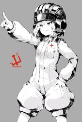 Rule 34 | &gt;:), 10s, 1girl, commentary, emblem, fang, fang out, girls und panzer, hand on own hip, helmet, highres, katyusha (girls und panzer), long sleeves, military, military uniform, pointing, pointing forward, pravda (emblem), pravda military uniform, puffy long sleeves, puffy sleeves, short jumpsuit, simple background, smile, solo, spot color, sumisu (mondo), tank helmet, uniform, v-shaped eyebrows
