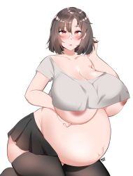 Rule 34 | 1girl, absurdres, areola slip, bayoshii, big belly, blunt ends, blush, breasts, character request, cleavage, collarbone, copyright request, covered erect nipples, crop top, dot nose, feet out of frame, hair between eyes, highres, huge breasts, kneeling, looking at viewer, medium hair, miniskirt, nipples, outie navel, pink eyes, plump, pregnant, puffy nipples, simple background, skirt, solo, thick thighs, thighhighs, thighs, white background