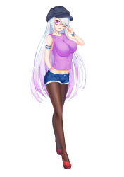 Rule 34 | 1girl, :d, absurdres, adjusting eyewear, arm behind back, armband, bad id, bad pixiv id, bare shoulders, black hat, blue hair, blue shorts, bracelet, breasts, brown pantyhose, cabbie hat, commentary request, denim, denim shorts, full body, glasses, gradient hair, groin, hair over one eye, hand up, hat, high heels, highres, impossible clothes, impossible vest, jewelry, large breasts, long hair, looking at viewer, midriff, multicolored hair, navel, open mouth, original, pantyhose, pantyhose under shorts, pink hair, purple eyes, purple vest, red-framed eyewear, red footwear, semi-rimless eyewear, short shorts, shorts, sidelocks, simple background, smile, solo, standing, taut clothes, very long hair, vest, virtual youtuber, white background, wristband, yuunagi (0217)
