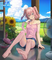 Rule 34 | absurdres, barefoot, breasts, bush, camisole, cleavage, cloud, cloudy sky, copyright name, copyright notice, electric fan, flower, food, foreshortening, grass, grey eyes, gundam breaker mobile, highres, landscape, medium breasts, melting, miyama sana, mosquito coil, mountainous horizon, pink hair, popsicle, sanakapool, shorts, sky, soles, solo, spaghetti strap, sparkle, strap slip, summer, sunflower, sweat, toenails, toes, twintails, wrinkled fabric