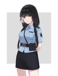 Rule 34 | 1girl, arms behind back, black hair, black skirt, blue shirt, blunt bangs, collared shirt, commentary, cowboy shot, expressionless, girls&#039; frontline, grey background, hair over shoulder, heterochromia, highres, long hair, looking at viewer, multicolored hair, pencil skirt, police, police uniform, red eyes, ro635 (girls&#039; frontline), shirt, skirt, solo, taiyang ami, twintails, uniform, white hair, yellow eyes