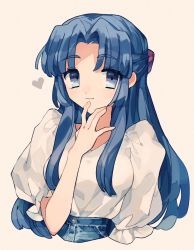 Rule 34 | 1girl, asakura ryouko, blue eyes, blue hair, closed mouth, commentary request, hand up, heart, highres, long hair, mochoeru, parted bangs, puffy short sleeves, puffy sleeves, shirt, short sleeves, simple background, smile, solo, suzumiya haruhi no yuuutsu, upper body, white background, white shirt
