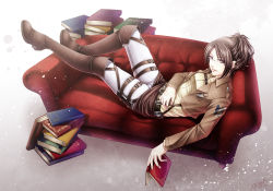 Rule 34 | 1girl, achikoako, book, boots, brown hair, couch, dated, glasses, hange zoe, holding, holding book, jacket, knee boots, looking at viewer, lying, on back, parted lips, ponytail, red upholstery, shingeki no kyojin, signature, smile, solo, thigh strap, uniform