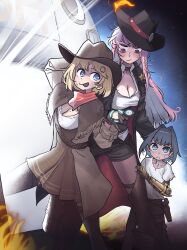 Rule 34 | 3girls, :&lt;, alternate costume, arm up, battery indicator, blue eyes, blue hair, breasts, brown dress, choker, cleavage, cowboy, dress, hair intakes, hat, height, highres, hololive, hololive english, large breasts, long hair, medium hair, mole, mole on breast, mori calliope, multiple girls, open mouth, ouro kronii, pink eyes, pink hair, pocket watch, prosthesis, prosthetic arm, scarf, shawl, short hair, shorts, thighhighs, virtual youtuber, watch, watson amelia, western, zedd (zedgawr)