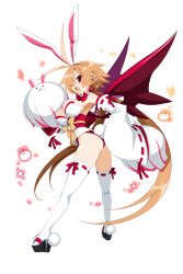 Rule 34 | 1girl, animal ears, antenna hair, breasts, brown hair, cleavage, demon girl, demon wings, detached sleeves, disgaea, disgaea rpg, earrings, fang, full body, hair over one eye, harada takehito, japanese clothes, jewelry, large breasts, long hair, lucy (disgaea), miko, non-web source, obi, official art, okobo, open mouth, photoshop (medium), platform footwear, pointy ears, pom pom (cheerleading), pom pom (clothes), rabbit ears, rabbit tail, red eyes, red wings, ribbon-trimmed sleeves, ribbon-trimmed thighhighs, ribbon trim, sandals, sash, solo, sparkle, standing, tail, thighhighs, transparent background, twintails, very long hair, white thighhighs, wings