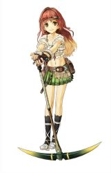 Rule 34 | 1girl, 3d, ankle lace-up, atelier (series), atelier ayesha, bare shoulders, beads, belt, blonde hair, brown eyes, crop top, cross-laced footwear, detached sleeves, female focus, fingerless gloves, full body, gloves, gradient hair, green skirt, grin, hair ornament, hidari (left side), high heels, leaning, long hair, looking at viewer, midriff, multicolored hair, navel, official art, pickaxe, pleated skirt, pouch, red hair, regina curtis, sandals, shirt, shoes, simple background, skirt, smile, solo, standing, two-tone hair, wavy hair, white background, white shirt