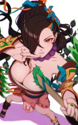 Rule 34 | 1girl, aduti momoyama, bead necklace, beads, breasts, brown eyes, brown hair, cleavage, dynamic pose, fighting stance, fire emblem, fire emblem fates, fire emblem heroes, foreshortening, hair over one eye, highres, holding, holding weapon, jewelry, kagero (fire emblem), kagero (winds offered) (fire emblem), large breasts, long hair, looking at viewer, necklace, ninja, nintendo, official alternate costume, perspective, ponytail, solo, weapon, white background