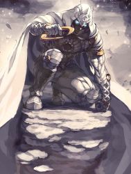 Rule 34 | 1boy, armor, bandaged head, bandages, blue eyes, cape, crescent, gloves, glowing, glowing eyes, highres, holding, holding weapon, hood, hood up, hooded cape, knee pads, looking at viewer, male focus, marvel, moon knight, nishii (damnedrive), o-ring, on one knee, rock, solo, weapon, white cape, white gloves