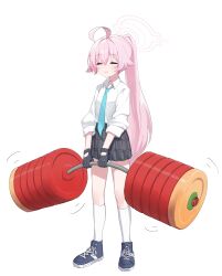 1girl :3 absurdres ahoge aqua_necktie arsyky14 barbell blue_archive blue_footwear blush closed_eyes closed_mouth commentary english_commentary exercising full_body gloves grey_gloves grey_skirt hair_between_eyes halo highres hoshino_(blue_archive) long_hair long_sleeves necktie pink_hair pink_halo plaid_clothes plaid_skirt ponytail school_uniform shirt shoes simple_background skirt sleeves_rolled_up small_sweatdrop sneakers socks solo strong very_long_hair white_background white_shirt white_socks