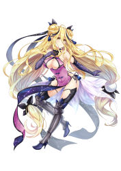 Rule 34 | 1girl, absurdres, bare shoulders, blonde hair, blush, breasts, cleavage, commentary request, date a live, dress, elbow gloves, full body, gloves, hair ornament, high heels, highres, hoshimiya mukuro, large breasts, long hair, looking away, parted lips, pelvic curtain, shiny skin, simple background, sleeveless, solo, tsubasaki, very long hair, white background