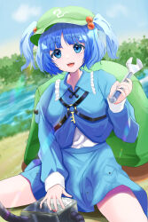 Rule 34 | 1girl, :d, absurdres, backpack, bag, blue eyes, blue hair, blue skirt, blue vest, blunt bangs, breasts, cloud, commentary request, day, hair bobbles, hair ornament, hand up, highres, holding, holding wrench, kawashiro nitori, light blush, long sleeves, looking at viewer, nyarocks, open mouth, outdoors, parted bangs, short hair, skirt, skirt set, small breasts, smile, solo, teeth, touhou, two side up, upper teeth only, vest, water, wrench