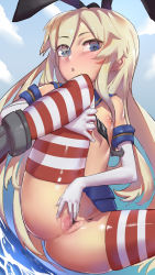 Rule 34 | 10s, 1girl, :&lt;, absurdres, blonde hair, censored, cloud, day, elbow gloves, eyebrows, flat chest, gloves, hair ornament, highres, kantai collection, long hair, looking at viewer, mosaic censoring, navel, nipples, open mouth, pussy, senkou tobaku, shimakaze (kancolle), shiny clothes, shiny skin, skirt, sky, solo, spread pussy, squatting, striped clothes, striped thighhighs, thighhighs, water, white gloves