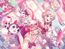 Rule 34 | 1girl, animal, animal on shoulder, aoba moca, architecture, bang dream!, blue eyes, blush, bow, confetti, detached collar, detached sleeves, dutch angle, earrings, east asian architecture, flower, flower earrings, folding fan, frills, hair bow, hair flower, hair ornament, hand fan, hand on another&#039;s head, inu-hariko, japanese clothes, jewelry, leg up, looking at another, nail polish, official art, open mouth, outdoors, overskirt, pink nails, short hair, shorts, smile, thigh strap, third-party source, torii