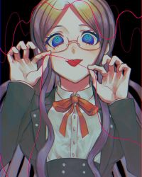 Rule 34 | 1girl, bad id, bad twitter id, bbjj 927, blue border, blue eyes, blue hair, border, breasts, buttons, commentary request, crazy eyes, danganronpa (series), danganronpa v3: killing harmony, double-breasted, glasses, hands up, heart, heart of string, highres, holding, jacket, large breasts, long hair, long sleeves, looking at viewer, open mouth, parted bangs, red border, red ribbon, ribbon, semi-rimless eyewear, shirogane tsumugi, shirt, skirt, smile, solo, string, string of fate, tongue, tongue out, upper body, white shirt