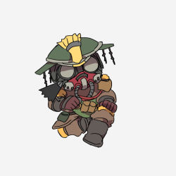 Rule 34 | 1other, ambiguous gender, animification, apex legends, black footwear, bloodhound (apex legends), boots, brown gloves, cable, chibi, clenched hand, gloves, goggles, grey background, head tilt, helmet, nojima minami, rebreather, sitting, solo