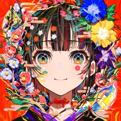 Rule 34 | 1girl, animal, black hair, black kimono, blue eyes, blue flower, branch, bug, butterfly, closed mouth, commentary request, egasumi, flower, highres, insect, japanese clothes, kimono, looking at viewer, mika pikazo, original, polka dot, portrait, purple flower, red flower, smile, solo, white flower, yellow flower