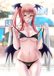 Rule 34 | 1girl, alternate costume, areola slip, bespectacled, bikini, blurry, breasts, collarbone, cowboy shot, demon wings, depth of field, double v, glasses, head wings, highres, koakuma, looking at viewer, low wings, medium breasts, navel, pointy ears, pool, red eyes, side ponytail, sidelocks, skindentation, solo, swimsuit, tongue, tongue out, touhou, undressing, v, wings, yumi (careca398)