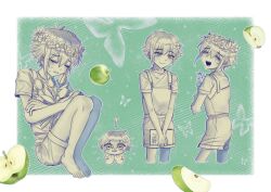 Rule 34 | !, 1boy, apple, barefoot, basil (faraway) (omori), basil (omori), blush, book, chibi, closed eyes, closed mouth, flower, flower pot, food, fruit, hair flower, hair ornament, head wreath, highres, holding, holding book, holding flower, holding flower pot, omori, open mouth, overall shorts, overalls, partially colored, short hair, smile, solo, torete (70re7e)