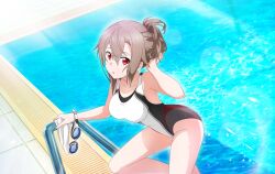 Rule 34 | 1girl, alternate costume, bare arms, bare legs, collarbone, competition swimsuit, day, eydis (sao), game cg, grey hair, grey one-piece swimsuit, hair between eyes, holding, lens flare, one-piece swimsuit, outdoors, pool, red eyes, solo, swimsuit, sword art online, sword art online: alicization, sword art online: alicization rising steel, sword art online: unleashed blading, two-tone swimsuit, updo, white one-piece swimsuit