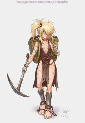 Rule 34 | 2022, backpack, bag, bandages, barefoot, basket, blonde hair, blue eyes, chain, coal, collar, dirty, elf, fantasy, hairband, holding, holding pickaxe, lettanya (maxa&#039;), light frown, maxa&#039;, original, pickaxe, pointy ears, scar, shin guards, slave, slave clothes, slave tattoo, solo, tattoo, white background