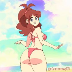Rule 34 | 1girl, animated, animated gif, aqua eyes, artist name, ass, ass shake, backboob, bikini, bouncing breasts, breasts, brown hair, creatures (company), curvy, dimples of venus, female focus, game freak, hilda (pokemon), huge ass, long hair, looking at viewer, looking back, medium breasts, nintendo, open mouth, pokemon, pokemon bw, ponytail, rtil, sideboob, smile, solo, swimsuit, thick thighs, thighs, thong, thong bikini, very long hair, wide hips