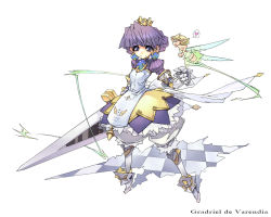 Rule 34 | 2girls, arlia, armor, armored dress, bloomers, boots, braid, character name, crown, fairy, french braid, gauntlets, gradriel, knee boots, multiple girls, phase shift, princess crown, sword, weapon, white background, white bloomers