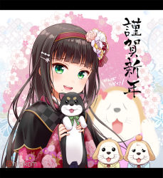 Rule 34 | 1girl, :d, animal, black hair, blunt bangs, bow, capelet, dog, floral print, flower, food, food on head, green eyes, hair bow, hair flower, hair ornament, hairpin, happy new year, hirako, holding, holding animal, holding dog, japanese clothes, kimono, kurosawa dia, letterboxed, long hair, looking at viewer, love live!, love live! school idol festival, love live! sunshine!!, mole, mole under mouth, new year, object on head, open mouth, puppy, shiitake (love live! sunshine!!), smile, solo, spoilers, twitter username, wide sleeves