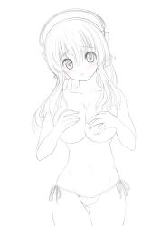 Rule 34 | 1girl, blush, breasts, covering privates, covering breasts, greyscale, headphones, large breasts, long hair, looking at viewer, monochrome, nekohane ryou, nitroplus, open mouth, panties, side-tie panties, solo, spot color, super sonico, underwear