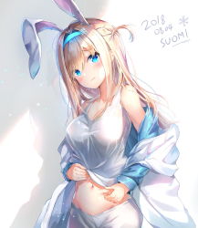 Rule 34 | 1girl, 3:, animal ears, bad id, bad pixiv id, belly grab, blonde hair, blue eyes, blush, breasts, character name, cleavage, closed mouth, clothes lift, coat, collarbone, cowboy shot, dana (hapong07), dated, frown, girls&#039; frontline, groin, hair between eyes, hair ornament, hairband, highres, lifting own clothes, long hair, looking at viewer, medium breasts, navel, off shoulder, one side up, pants, rabbit ears, shirt, shirt lift, sidelocks, snowflake hair ornament, solo, stomach, suomi (girls&#039; frontline), tank top, tearing up, white pants, white shirt