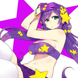Rule 34 | 10s, 1girl, bandeau, blush, breasts, chan co, cowboy shot, gloves, green eyes, large breasts, long hair, looking at viewer, love live!, love live! school idol festival, love live! school idol project, navel, purple gloves, purple hair, skirt, solo, star (symbol), strapless, thighhighs, tojo nozomi, tube top, twintails, white thighhighs, zettai ryouiki