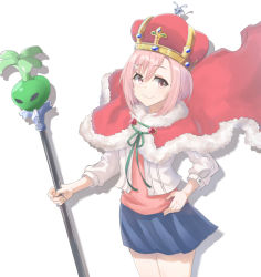 Rule 34 | 10s, 1girl, artist request, bad id, bad pixiv id, bow, cape, crown, hair ornament, hairpin, hand on own hip, koharu yoshino, pink eyes, pink hair, sakura quest, short hair, skirt, smile, solo, staff, white background