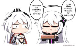 Rule 34 | 2girls, ahoge, anniversary, armor, armored dress, bare shoulders, birthday, cake, chibi, closed eyes, cropped legs, dress, elbow gloves, english text, expressionless, food, gift, gloves, hair between eyes, hair ornament, highres, holding, holding cake, holding food, honkai (series), honkai impact 3rd, kiana kaslana, kiana kaslana (herrscher of flamescion), kiana kaslana (herrscher of the void), long hair, looking at another, marin liekuriva, multiple girls, no mouth, open mouth, ponytail, simple background, speech bubble, sweat, tsundere, twitter username, very long hair, white background, white hair