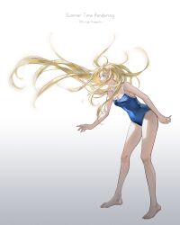 Rule 34 | 1girl, bare arms, bare legs, bare shoulders, barefoot, blonde hair, blue eyes, colored eyelashes, commentary, copyright name, english commentary, english text, full body, highres, kofune ushio, long hair, school swimsuit, sleeveless, solo, standing, summertime render, swimsuit, tidsean, very long hair