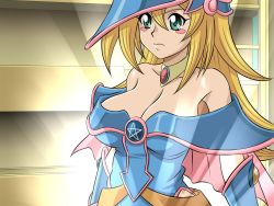 Rule 34 | 1girl, bare shoulders, blonde hair, blush, blush stickers, breasts, cleavage, dark magician girl, female focus, green eyes, hat, highres, large breasts, lento (glamour works), long hair, no bra, solo, summon, wallpaper, wizard hat, yu-gi-oh!, yu-gi-oh! duel monsters