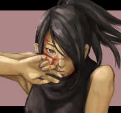 Rule 34 | 1girl, absurdres, acquire, ayame, ayame (tenchuu), bare shoulders, black hair, blood, blood on face, from software, hair over one eye, halterneck, halterneck, highres, ninja, ponytail, solo, stonko, tenchu, tenchuu, wiping face