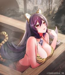 Rule 34 | 1girl, animal ear fluff, animal ears, arm under breasts, artist name, bathing, bikini, breasts, choker, cleavage, closed mouth, cross, flipped hair, from above, from side, glint, hair between eyes, hand up, highres, illya (princess connect!), large breasts, long hair, looking at viewer, onsen, partially submerged, pointing, pointing at self, princess connect!, print bikini, purple hair, red eyes, red lips, smile, solo, steam, strap gap, string bikini, swimsuit, tail, tiger ears, tiger stripes, tiger tail, twitter username, unidentified nk, very long hair, water, wooden bathtub, yellow bikini