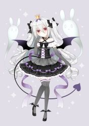 Rule 34 | 1girl, ankle lace-up, black bow, black dress, black footwear, black wings, blush, bow, closed mouth, commentary request, cross-laced footwear, crown, demon girl, demon tail, demon wings, dress, elbow gloves, frilled dress, frills, ghost, gloves, grey background, grey gloves, grey thighhighs, hair between eyes, hair bow, halloween, himetsuki luna, long hair, looking at viewer, mini crown, original, purple bow, purple ribbon, red eyes, ribbon, silver hair, solo, sparkle, standing, standing on one leg, striped clothes, striped thighhighs, tail, thighhighs, two side up, vertical-striped clothes, vertical-striped thighhighs, very long hair, wings