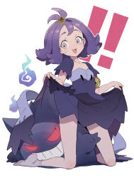 Rule 34 | !, !!, 1girl, :d, acerola (pokemon), armlet, blush, clothes lift, collarbone, commentary request, creatures (company), dress, dress lift, elite four, eyelashes, flipped hair, game freak, gen 1 pokemon, gengar, grey eyes, grey legwear, hair ornament, hairclip, kneeling, lifted by self, looking back, medium hair, multicolored clothes, multicolored dress, nintendo, no shoes, open mouth, outline, pokemon, pokemon (creature), pokemon sm, purple hair, short sleeves, smile, socks, stitches, sweatdrop, ter (otokoter), tongue, topknot, torn clothes, torn dress, white background