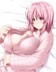 Rule 34 | 1girl, bed sheet, blush, breasts, commentary request, hair between eyes, highres, large breasts, long sleeves, looking at viewer, lying, nori tamago, nose blush, on back, pajamas, partially unbuttoned, pink hair, pink pajamas, plaid, plaid pajamas, red eyes, saigyouji yuyuko, shadow, short hair, solo, sweat, touhou, upper body